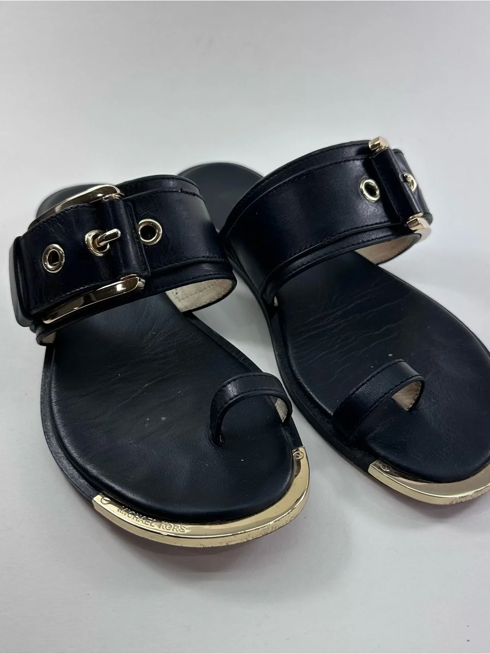 MICHAEL Michael Kors Black Leather Buckle Toe-Ring Slides with Gold Trim